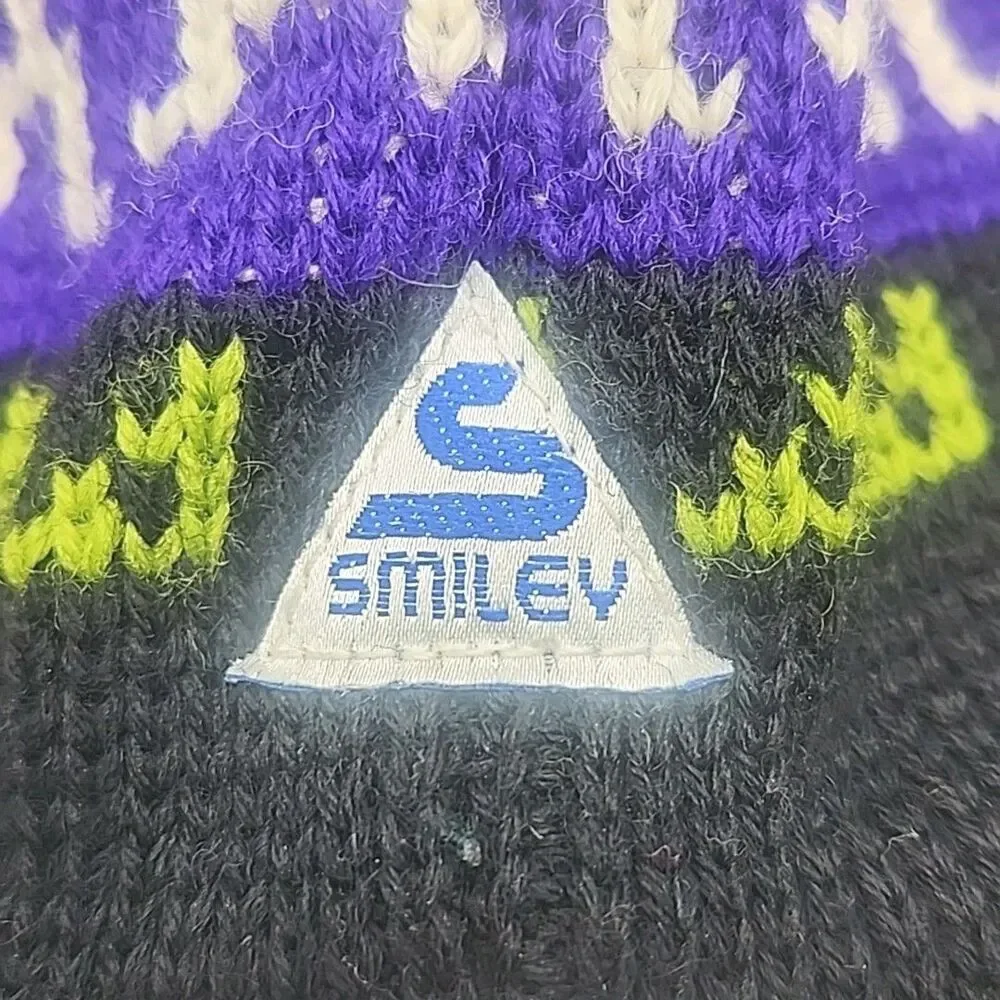Smiley Beanie Ski Cap Hat 100% Wool Ear Flap Tassels Pink Blue Black Green USA